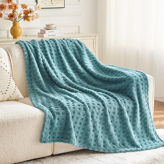 NEWCOSPLAY Super Soft Throw Blanket Teal Premium Silky Flannel Fleece 3D Waffle Checkered Lightweight Bed Blanket All Season Use (Light Teal, Throw(50"x70"))