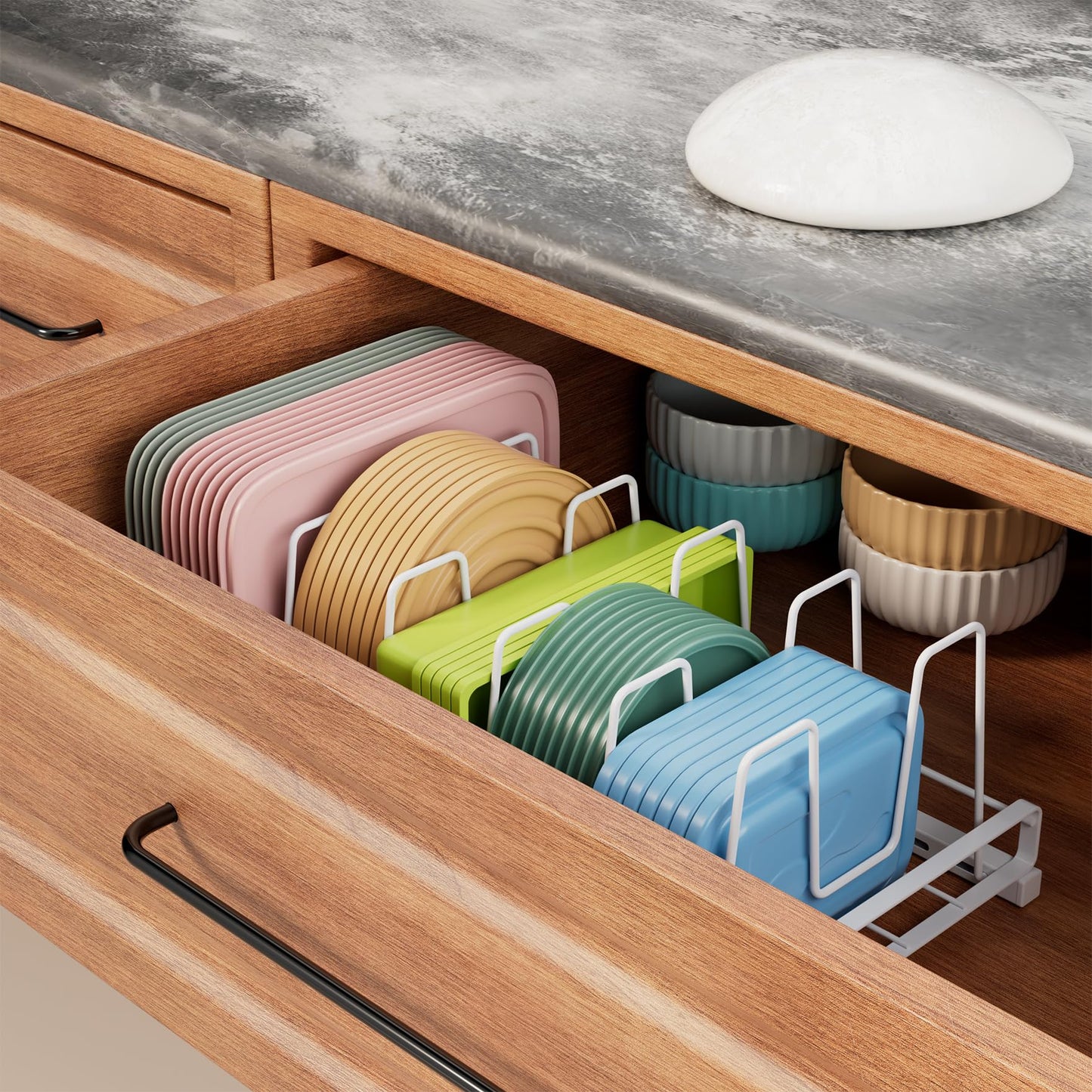 GAGUIUP Food Container Lid Organizer, Adjustable 6 Dividers Full-Metal Pot and Pan Organizer Rack for Kitchen Cabinets, Drawers, Cupboards, Pantry Shelves Storage, White