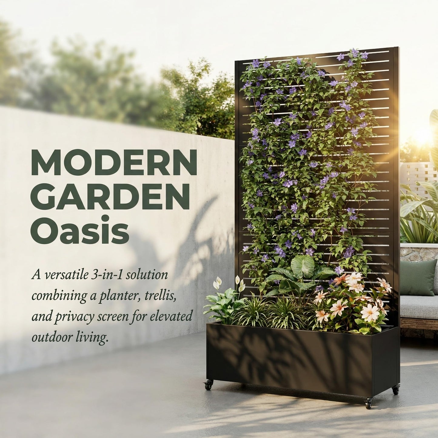 FLOHOVER 73" Metal Planter Box with Trellis, Outdoor Raised Garden Bed with Lockable Wheels & Drainage Holes, Galvanized Steel Privacy Screen Trellis Planter for Climbing Plants Vines Flowers