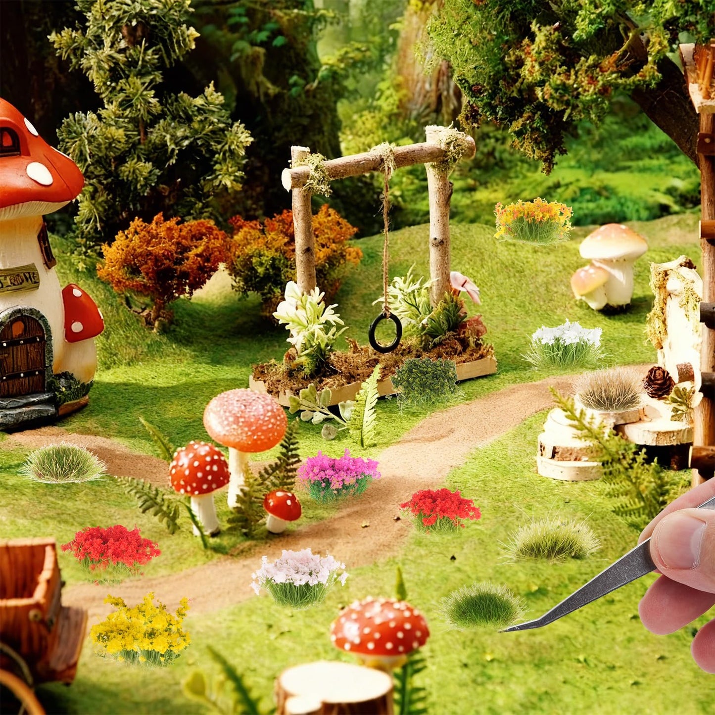 Draupnir 129 Pcs Static Grass Tuft Model Flower Vegetation Groups Self Adhesive Artificial Model Miniature Flowers Cluster for Train Landscape Terrain Railway Scenery Sand