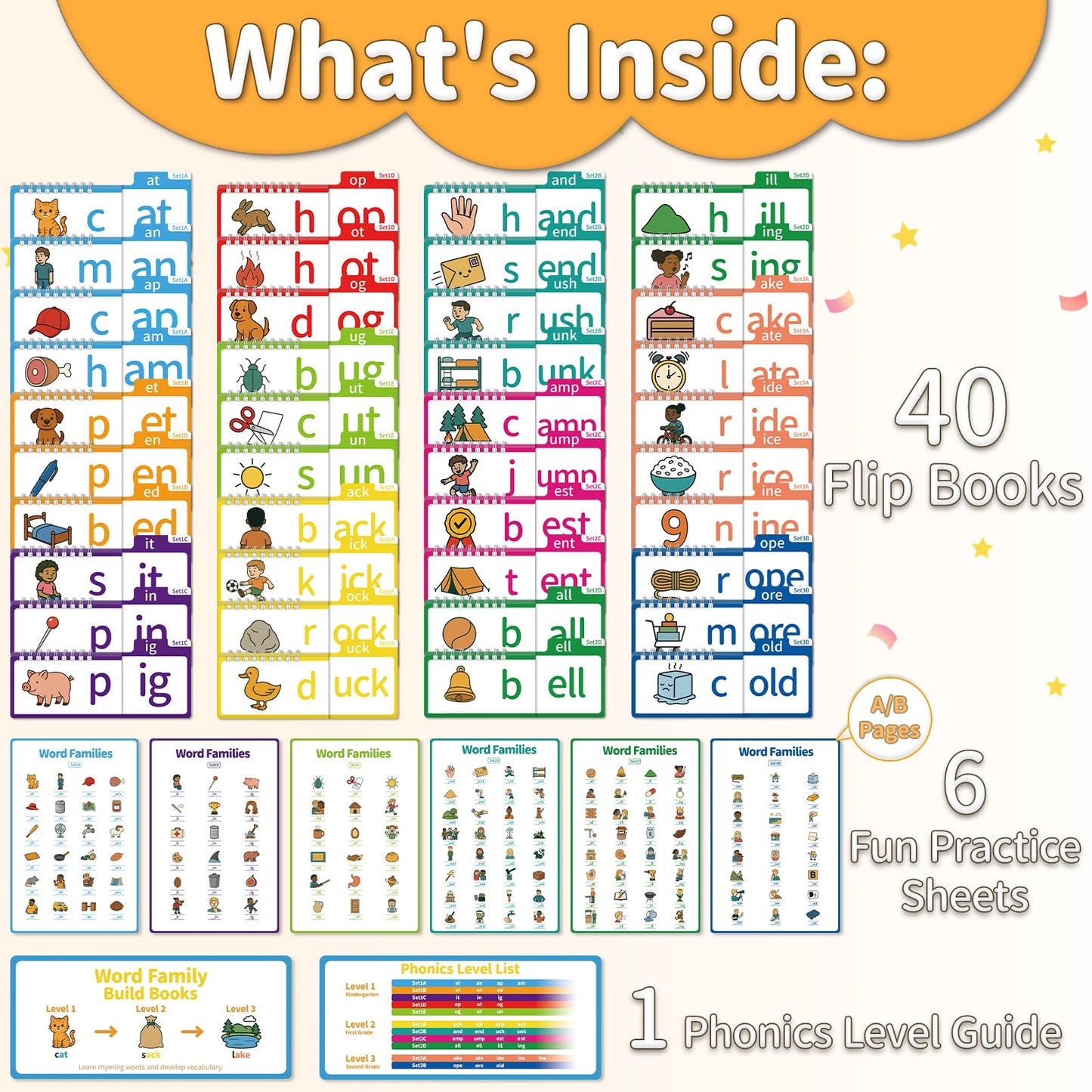 Sinoome Phonics Flash Cards Word Family Build Book, 40 Read & Rhyme Flip Books, Learn to Read for Kids Ages 4-8, Engaging Educational Tools for Preschool-Kindergarten, Fun Sight Words & Phonics Games