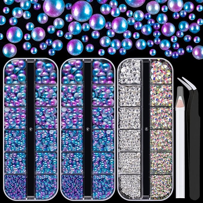 4000PCS Flatback Rhinestones and Half Round Pearls Kit #7, Multi Size Glass Clear & AB Crystals, Plastic Flat Back Blue Mermaid Dome Bead with Pickup Pencil and Tweezer for Nail Art