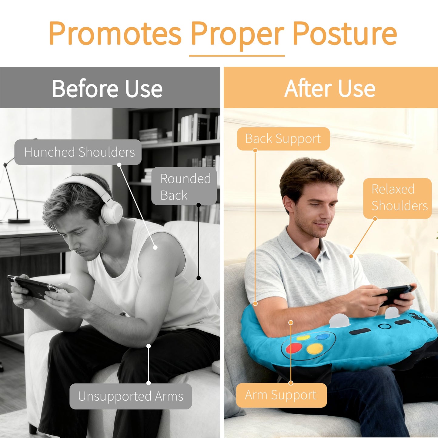 Moginno Gaming Pillow, Lap Desk Reading Pillow for Adults Teens, Arm Support Pillow for Sitting in Bed Sofa, Playing Steam Deck/Switch/Xbox/PS5, Gamer Gifts for Men Teenage Boy, Blue