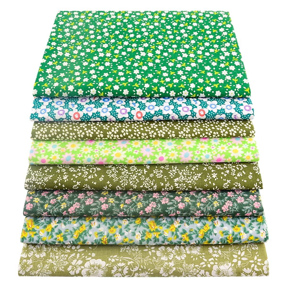 100% Cotton Fabric Bundle - 8 Pre-Cut Squares (20"x20"), Floral Pattern, Perfect for Beginners' Sewing, Quilting & Craft Projects - Green