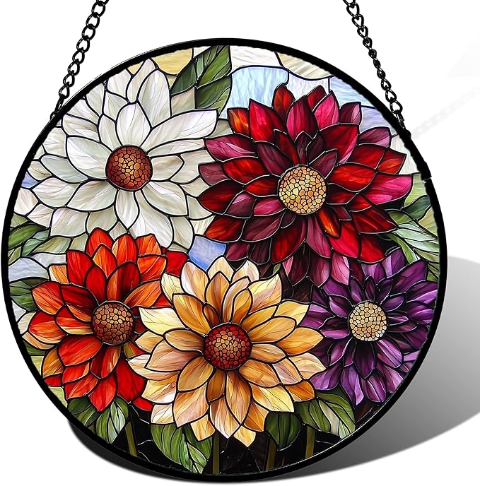 Stained Glass Window Hanging, Colorful Flowers Sun Catcher for Window Door Home Decor Plant Suncatcher Christmas Mother's Day Birthday Gifts for Women Men Mom and Nana 9.8 in