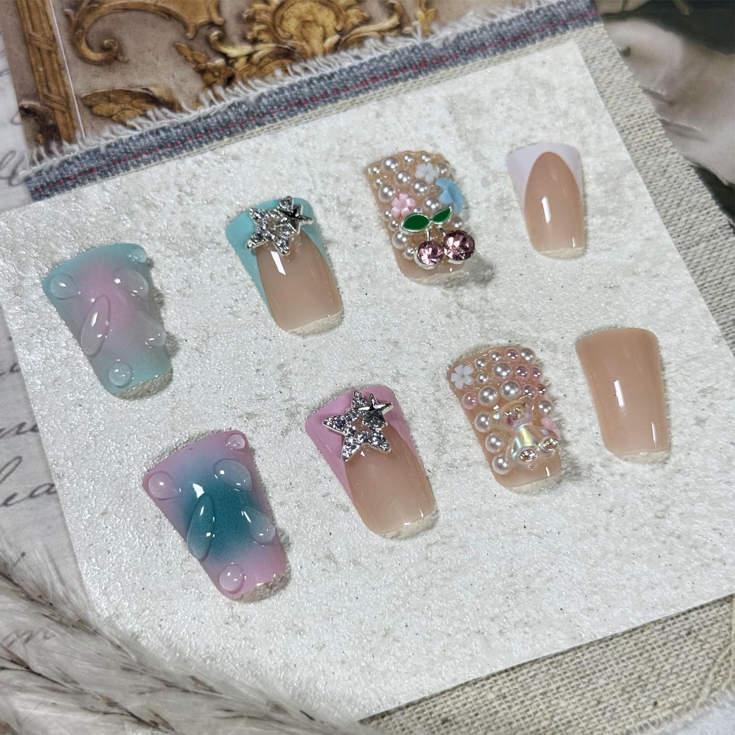 IMRAIN Duck Press on Nails - Rhinestone, Cute Bear, Star | Medium Blue Pink Ombre Fake Nails with Duckbill Designs Full Cover Acrylic False Nails Y2K Duck Feet Glossy Glue on Nails