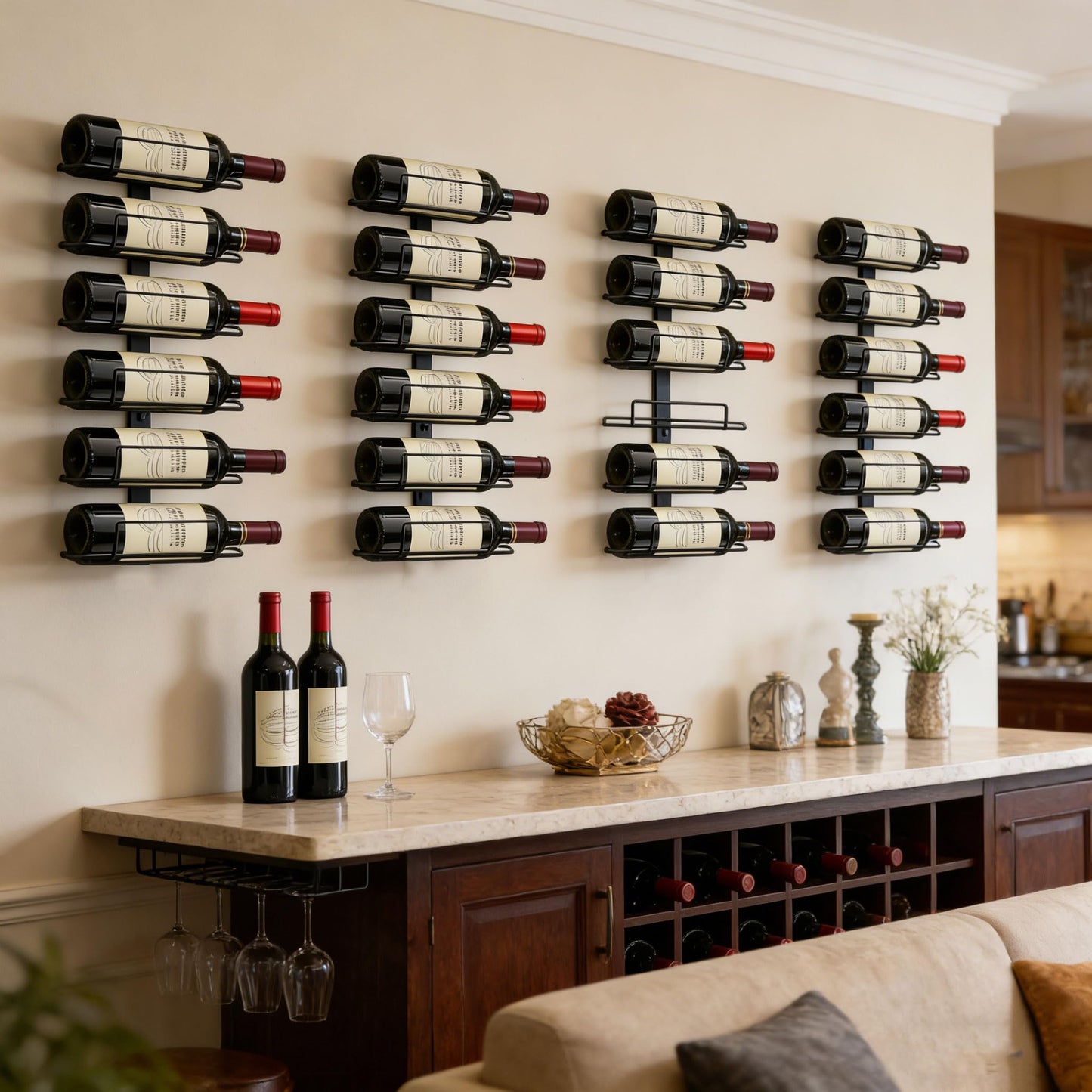 Msrorriw Modern Wall Mounted Wine Rack, Black Metal 24-Bottle Storage Display, Vertical Space Saving Design for Home Bar, Kitchen, Restaurant, Wine Cellar