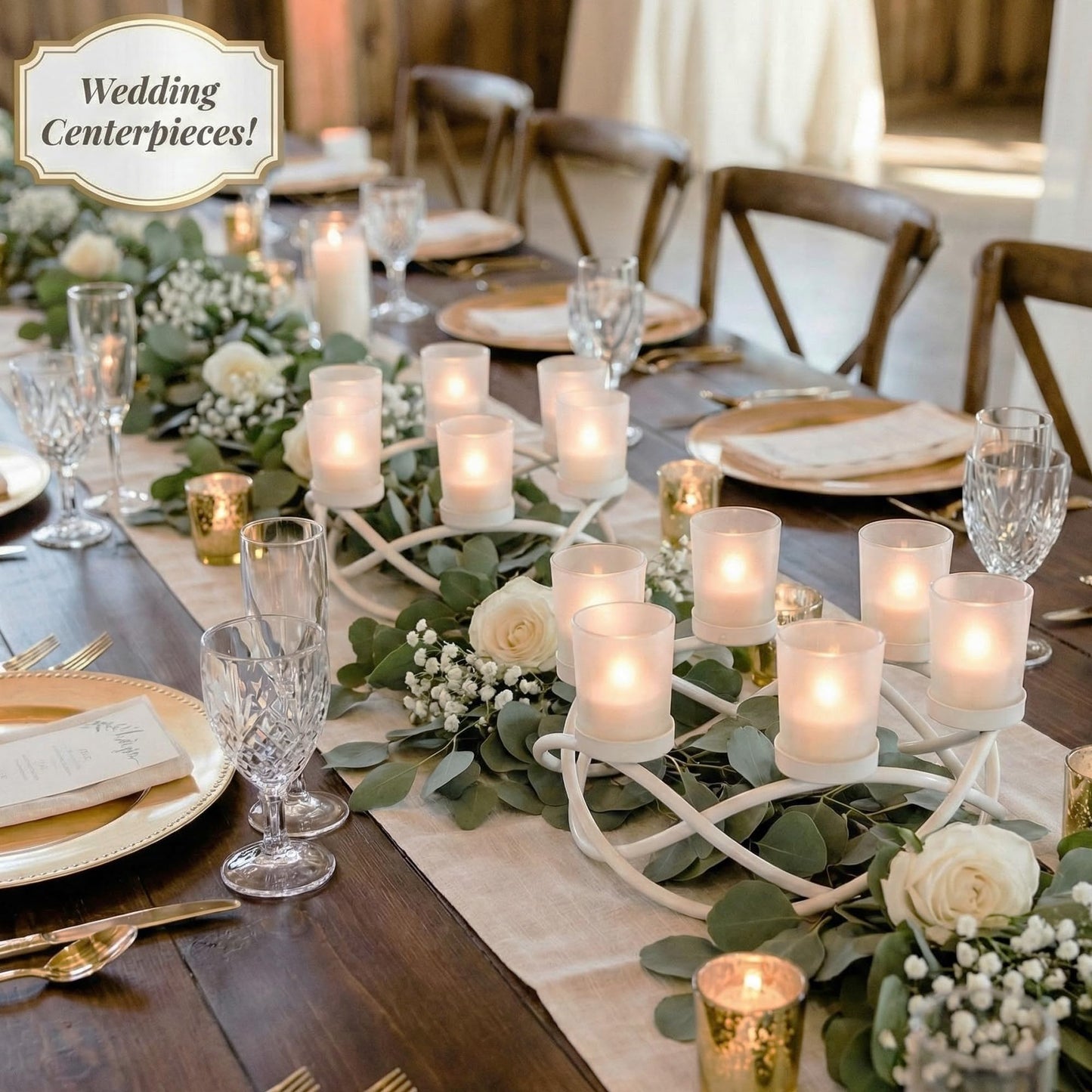 Seraphic Iron Round Table Decor Centerpiece Decorations Candle Holder for Weddings, Outdoor Patio, Kitchen, Dining Room, and Coffee Tables, Glass Votive Tealight Holders, White, 6 Clear Cups