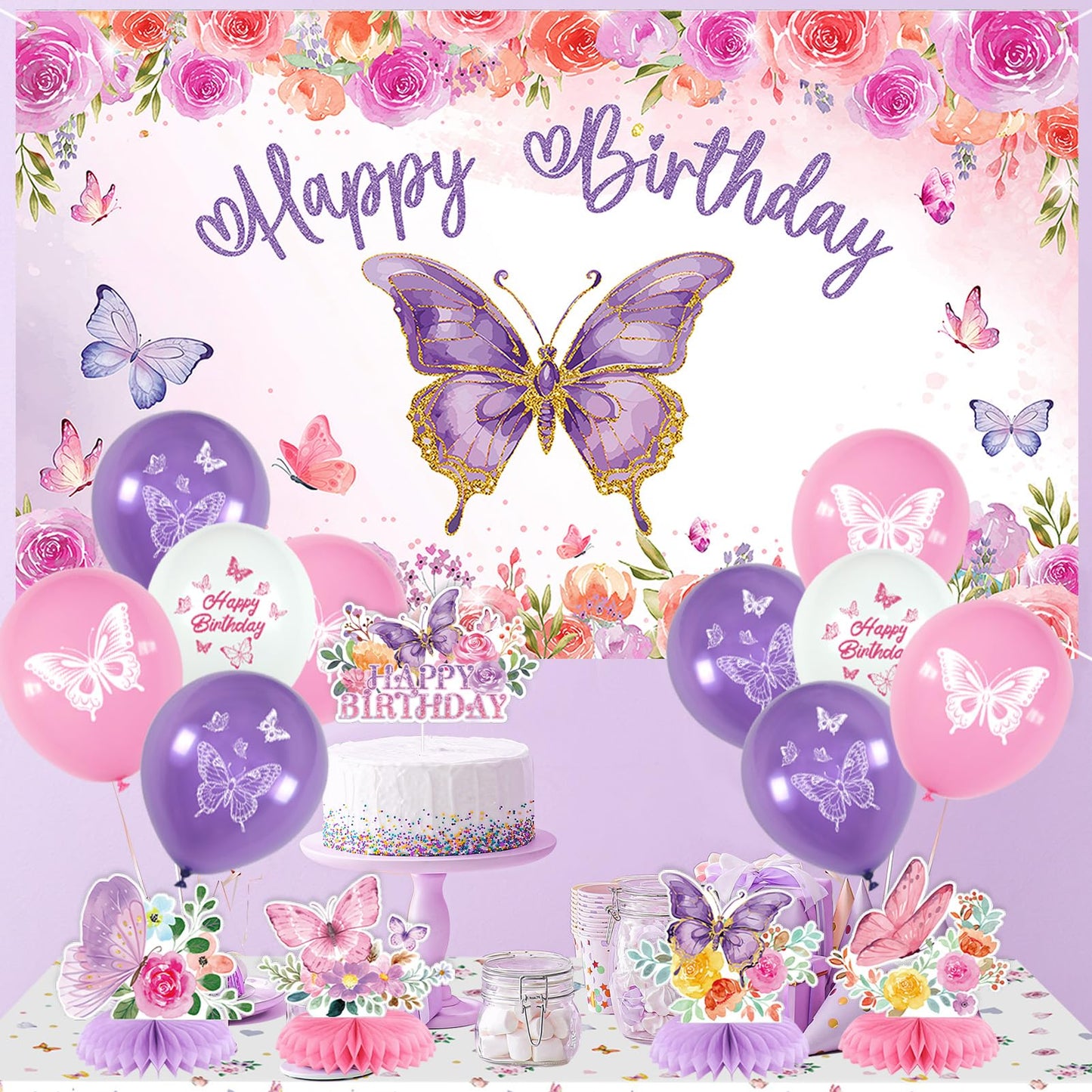 Roetyce Butterfly Decorations, 37PCS Happy Birthday Banner Balloons Honeycomb Centerpieces Cake Topper Kit, Purple and Pink Party Decorations