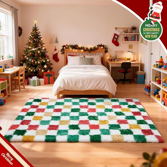 Christmas Area Rug 6x9 for Bedroom Living Room,Checkered Shag Rug Fuzzy Shaggy Bedside Carpet,Indoor Plush Floor Rugs for Kids Boys Girls Room Holiday Home Decor