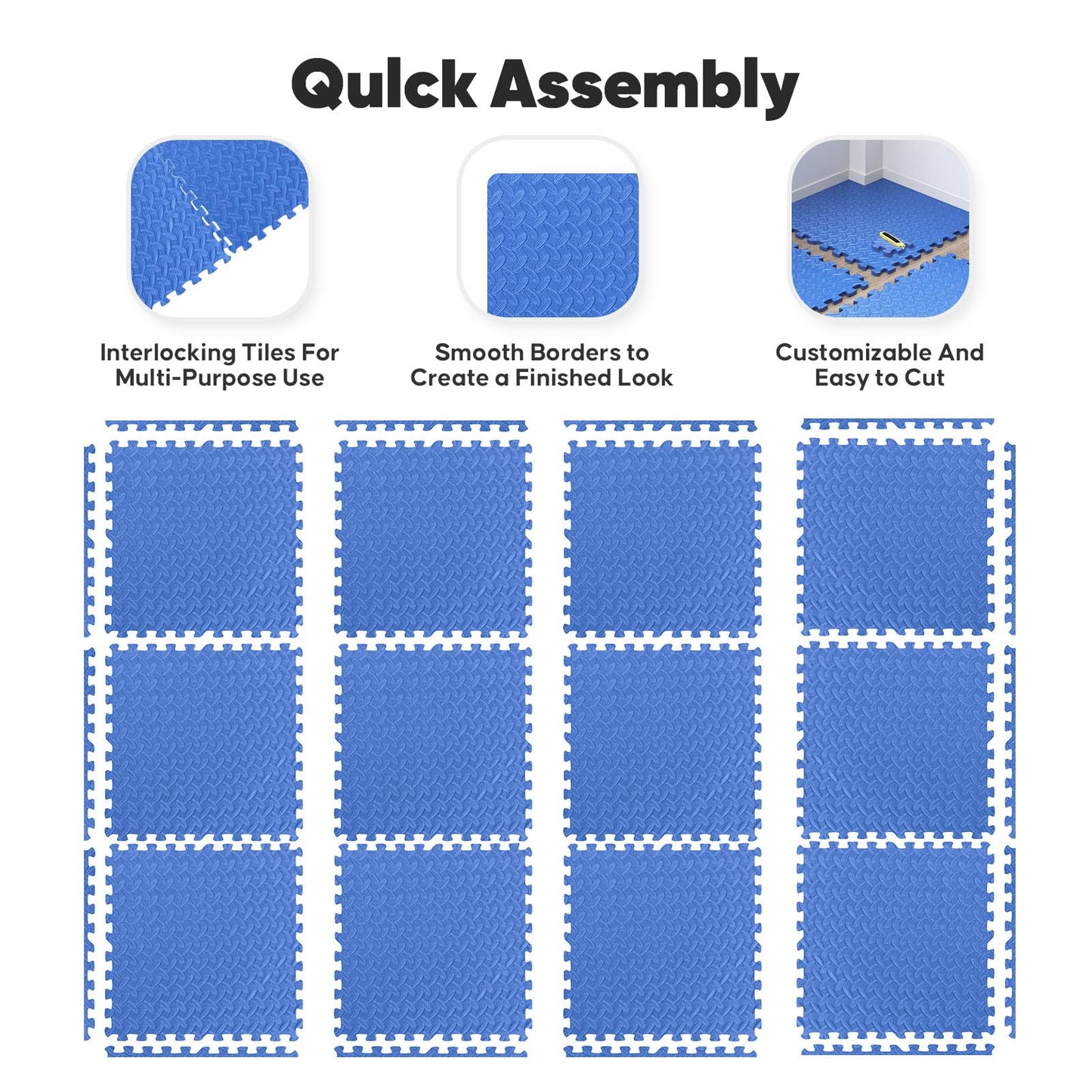 36 Pack Home Gym Mat, Puzzle Exercise Mat, EVA Interlocking Foam Floor Tiles for Home Workout Equipment and Kids' Play Areas -, 24 in x 24 in x ½ in, Blue 36 Tiles