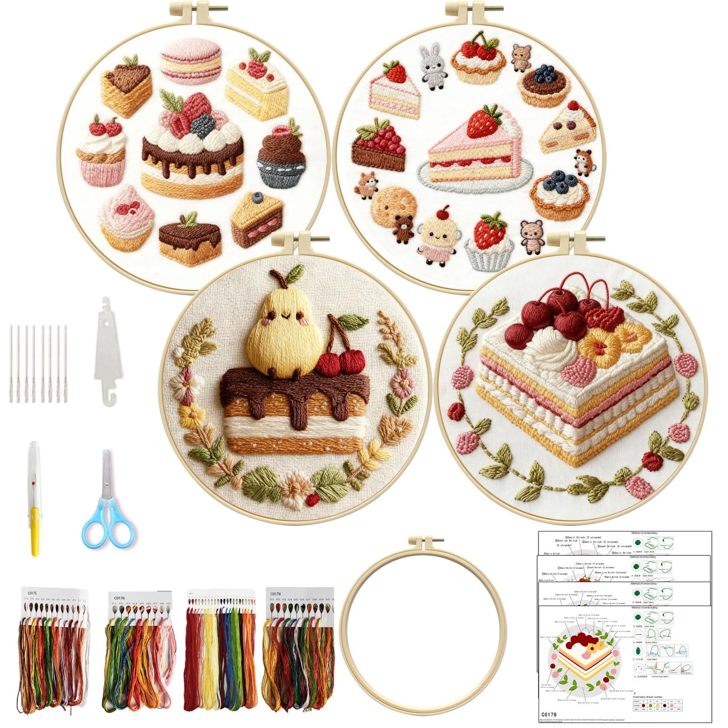 Embroidery Set for Beginners, 4 Sets Cake Fruit Beginner Embroidery Kit for Adults, Includes Embroidery Clothes with Pattern, Hoop, Instruction Manual, Color Stitch Set