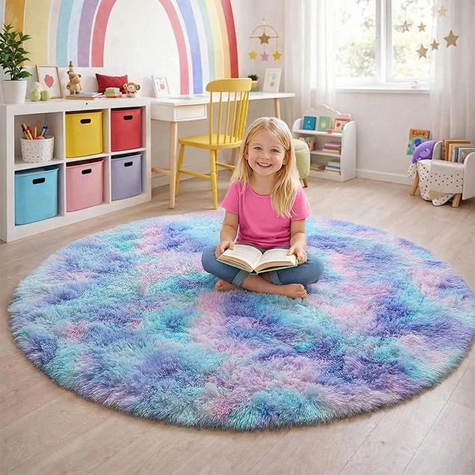 Amdrebio Purple Rainbow Round Rug 5Ft for Bedroom Girls Room Decor, Mermaid Stitch Frozen Kids Rugs for Playroom Nursery Dorm, Fluffy Fuzzy Cute Shag Carpet, Kawaii Circle Area Rugs for Baby Toddler
