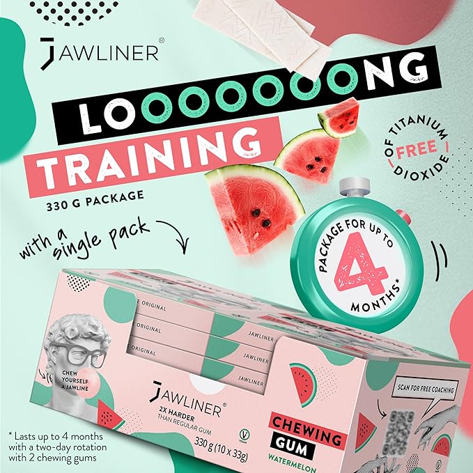 Jawliner® Hard Jwaline Chewing Gum - Sugar Free Watermelon Tough Jaw Gum - Jaw Exerciser Strong Mewing Jawline Mistic Gum - 2x Harder than Regular Chewing Gum 330 Grams (120 Strips)