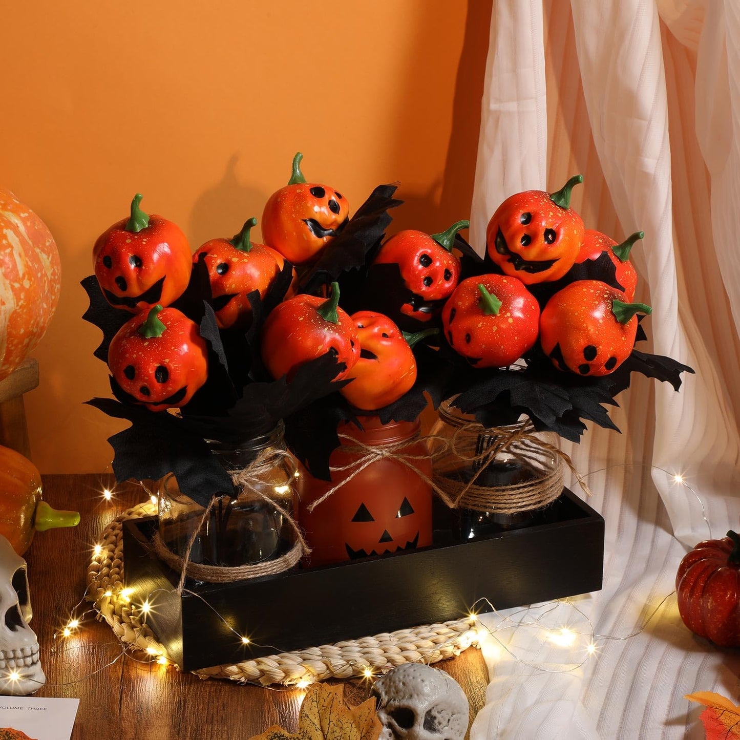 Honeydak 9 Pcs Halloween Table Centerpieces Pumpkin Mason Jar for Halloween Table Dining Room with Farmhouse Wood Tray 3 Mason Jars with Artificial Flowers and 2 LED Light for Dining Room