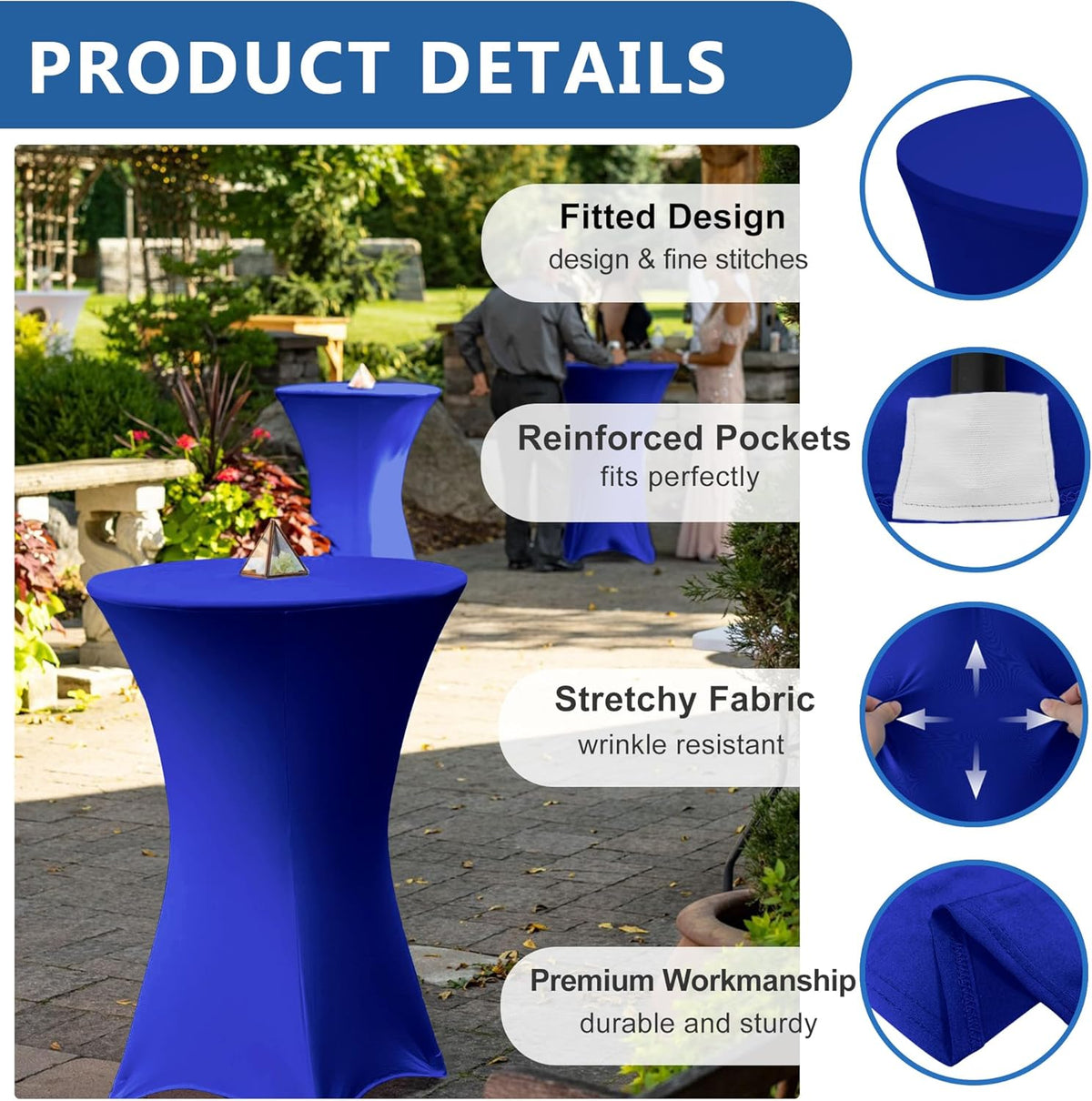 Cocktail Table Covers-Spandex Round High Top Table Cloths 8 Pack 32x43 Inch-Royal Blue Stretch Fitted Bar Tall Tablecloth for Pub Bistro Highboy Party Event Banquet Height Satnding Tables