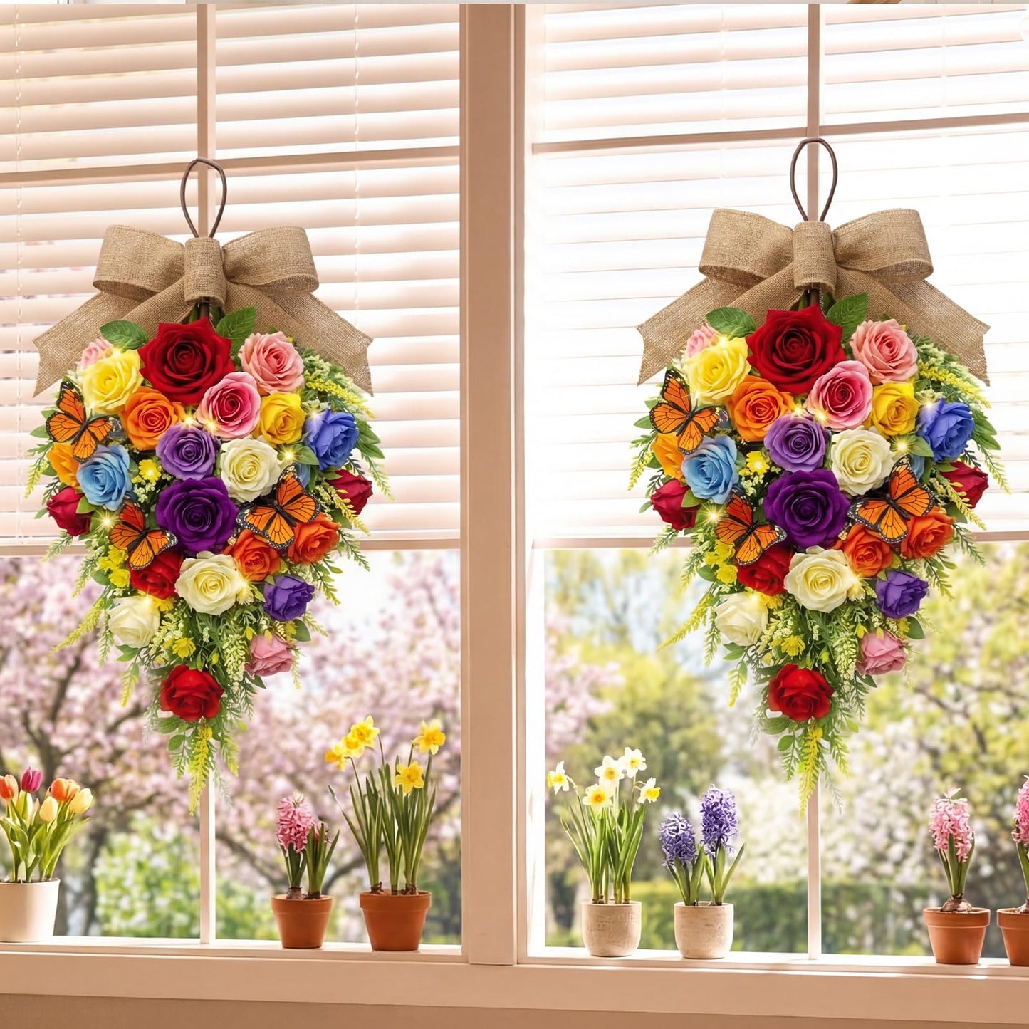Norme 2 Pack Spring Teardrop Swag Pre-Lit, 23.6" Artificial Rose Teardrop Wreath for Front Door with Burlap Bow Butterflies for Porch Wall Window Stair