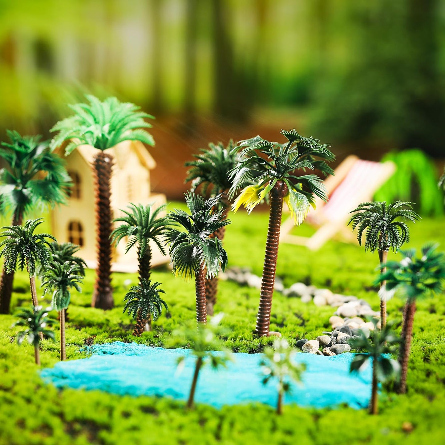 Thiccywoov 40 Pcs Diorama Supplies Kit Include 32 Miniature Trees 1.2-6.2 Inch Mini Mixed Model Plastic Fake Architecture 8 Bags Scenery Basing Material Kit for DIY Craft(Tropical Trees)