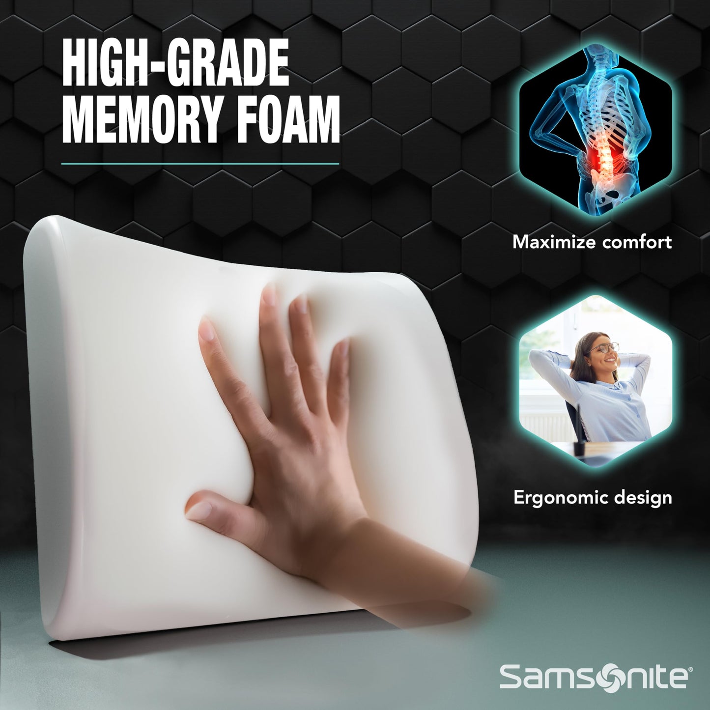 Samsonite Memory Foam Lumbar Support Pillow for Office Chair, Gaming Chair & Car Seat Automotive Use, Ergonomic Back Cushion, Home Office Essentials for Sitting Comfort and Posture Relief Back Support