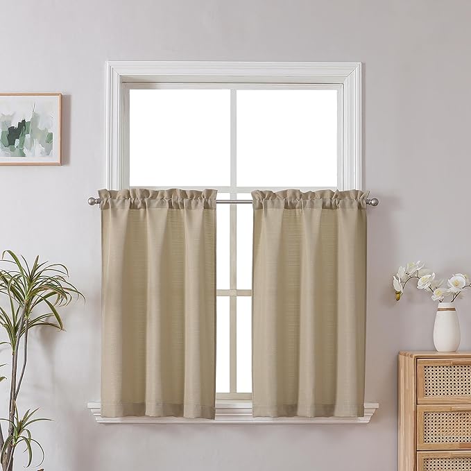 Chyhomenyc Camel Kitchen Curtains 24 Inch Length, Faux Linen Textured Light Filtering Short Window Curtains for Bathroom Basement, Each 30x24 Inch