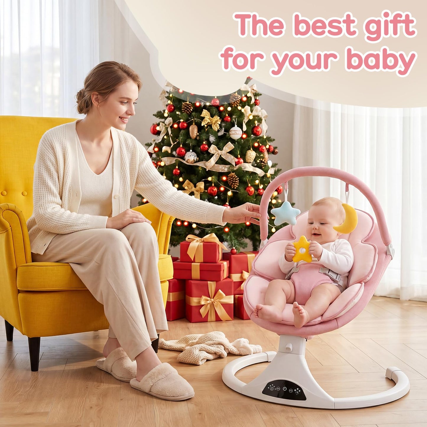 Electric Baby Swing with Remote Control - 5 Natural Motion Speeds, Detachable Seat Pad | Portable Infant Swing for Indoor/Outdoor Use (0-6M, 20lbs) (Pink)