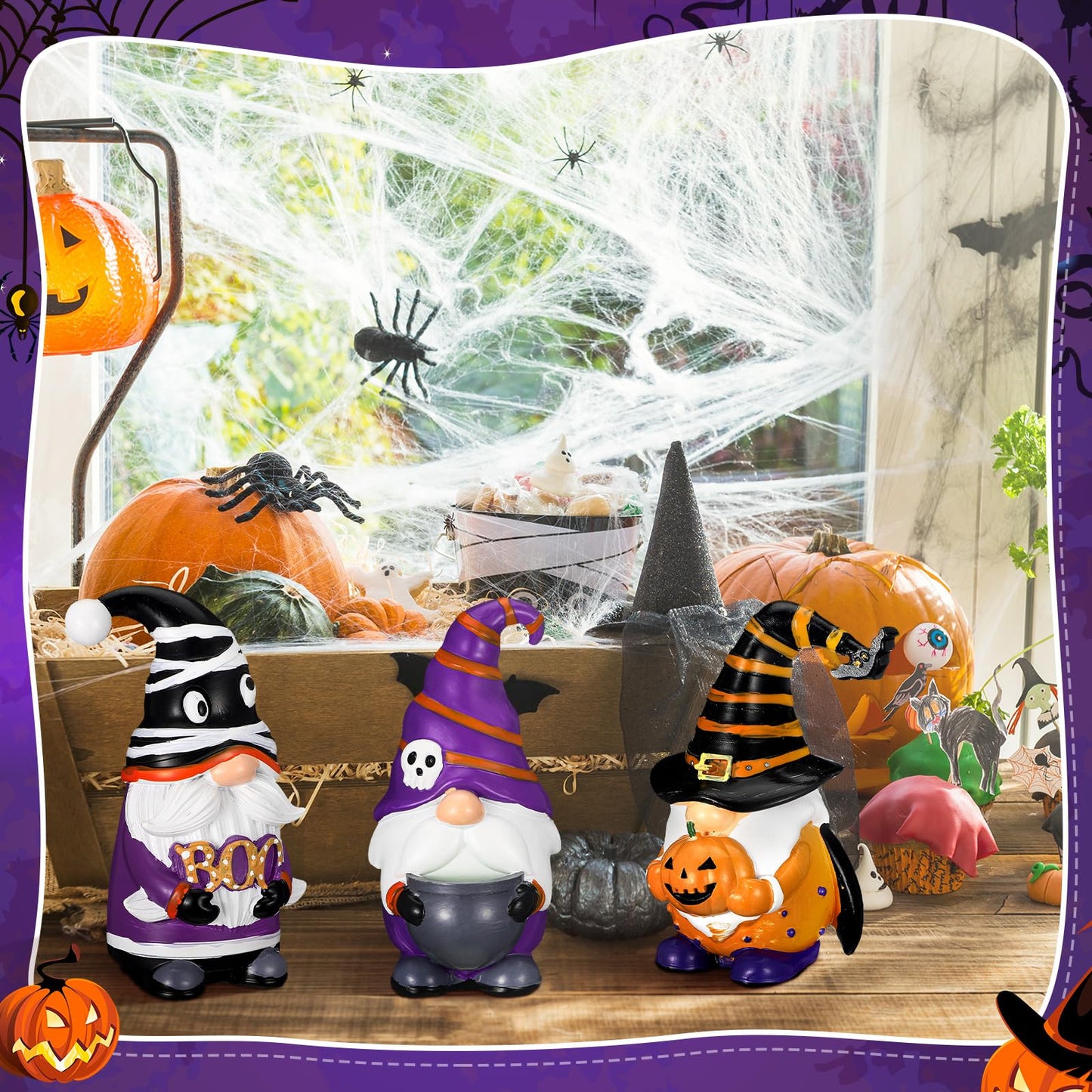 Wenqik 4 Pcs Halloween Gnomes Decor Boo Resin Gnome Figurines Spooky Gnomes Decor Halloween Tiered Tray Collectible Tabletop Decorations for Home Kitchen Office