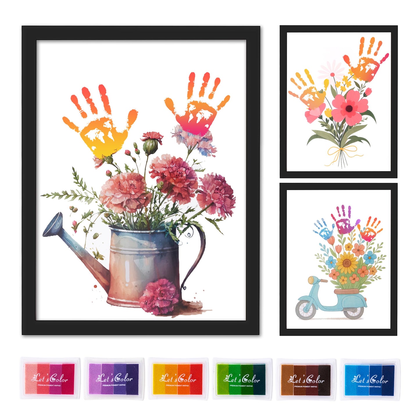 CHERRY CHEERS Flower Bouquet Handprint Art Kit, 3 Special Unique Sheets with Floral Design, DIY Keepsake Craft Gift, Meaningful Christmas or Thanksgiving Gift, 6 Colors Non-Toxic Inkpads (Black)