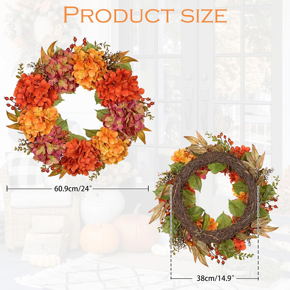 Artificial Fall Wreath for Front Door – 24 Inch Hydrangea Floral Wreath with Orange & Burgundy Flowers, Autumn Thanksgiving Door Décor