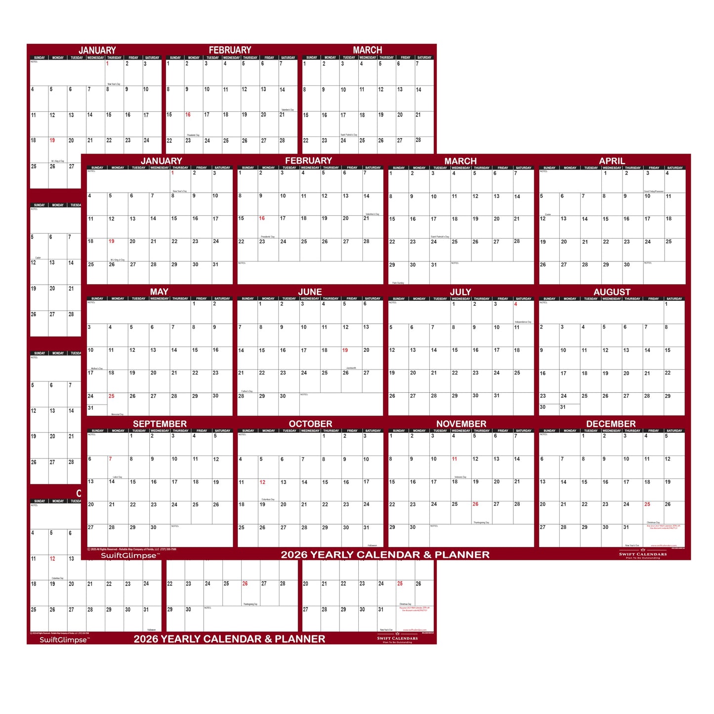 32" x 48" SwiftGlimpse 2026 Wall Calendar Erasable Jumbo XL Wet & Dry Erase Laminated 12 Month Annual Yearly Wall Planner, Reversible, Horizontal/Vertical, Maroon