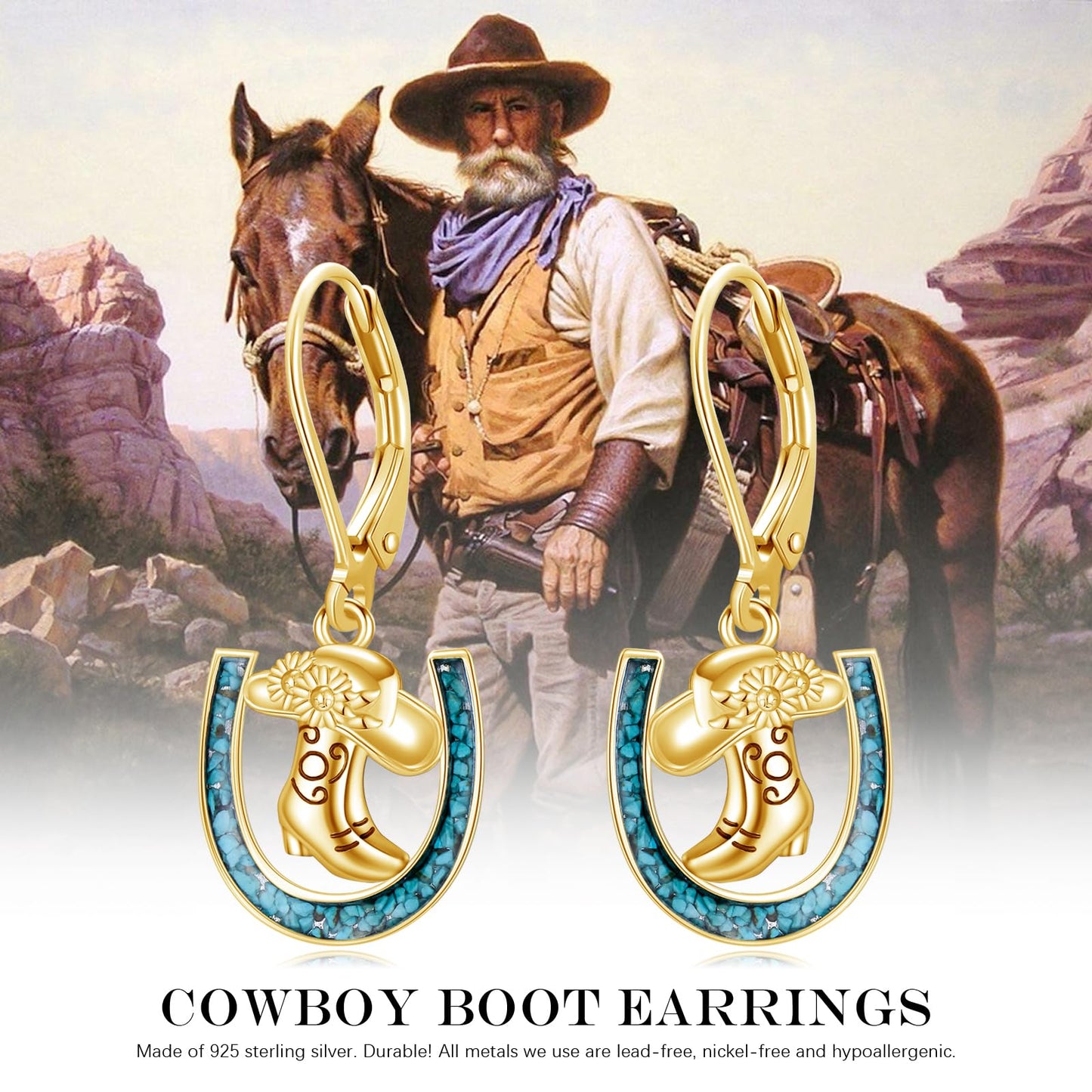 YYmqmq Gold Cowboy Boot Earrings for Women 925 Sterling Silver Turquoise Horseshoe Dangle Earrings Leverback Western Jewelry Gifts for Women Girlfriend Cowgirl