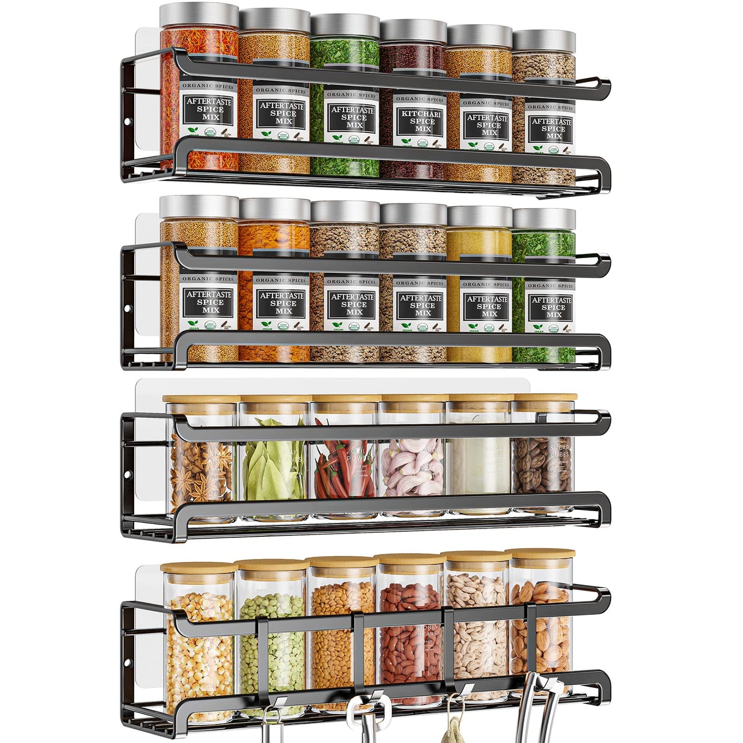 Bunoxea Spice Rack Wall Mounted 4 Pack,Space-Saving Spice Organizer for Spice Jars and Seasonings,Screw or Adhesive Hanging Spice Rack Organizer for Your Kitchen Cabinet,Pantry Door,11.41x2.75x2.75in