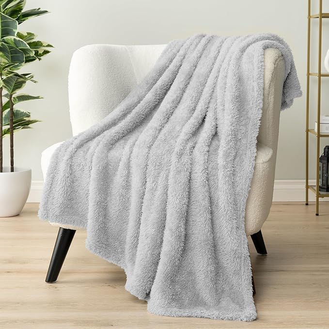 Pavilion Sherpa Bed Blanket Queen Size - Light Grey Plush Soft Cozy, Fluffy Microfiber, Fuzzy All Season, 90x90