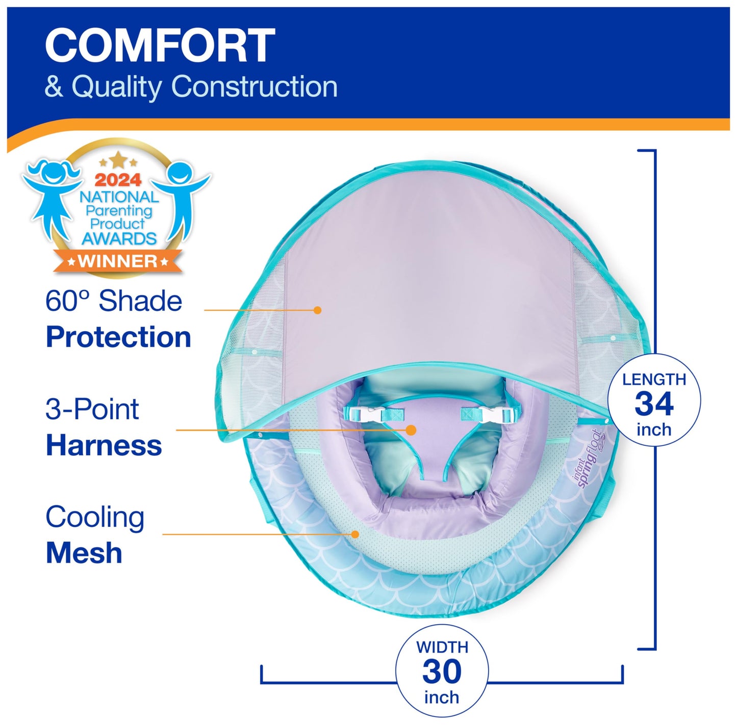 SwimWays Infant Spring Float, Baby Pool Float with Canopy, Swimming Pool Accessories for Kids 3-9 Months, Mermaid
