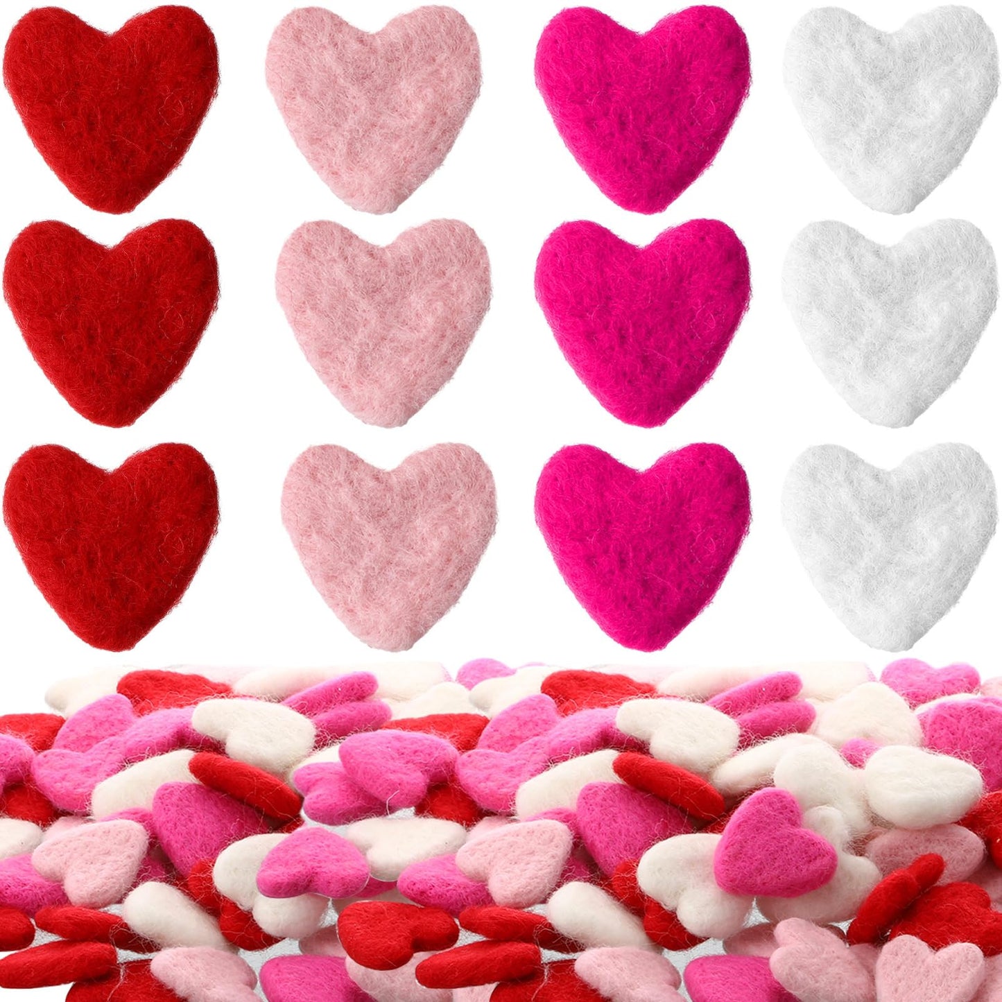 Buryeah 100 Pcs Pink Red Heart Shape Wool Felt Red Pink White Wool Felt Hearts Mother's Day Heart DIY Balls Pom Pom Balls for Crafting Art Party Home Holiday Decor Props