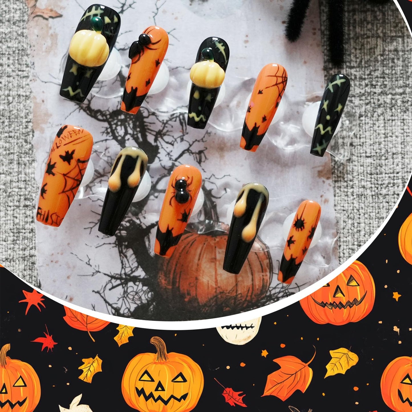 Tesytto Handmade Goth Press on Nails Long Coffin - Black 3D Bat & Spider Web Design, Cool Alt Style Luxury Glue on Nails (Pumpkin Bat Silhouette,M)
