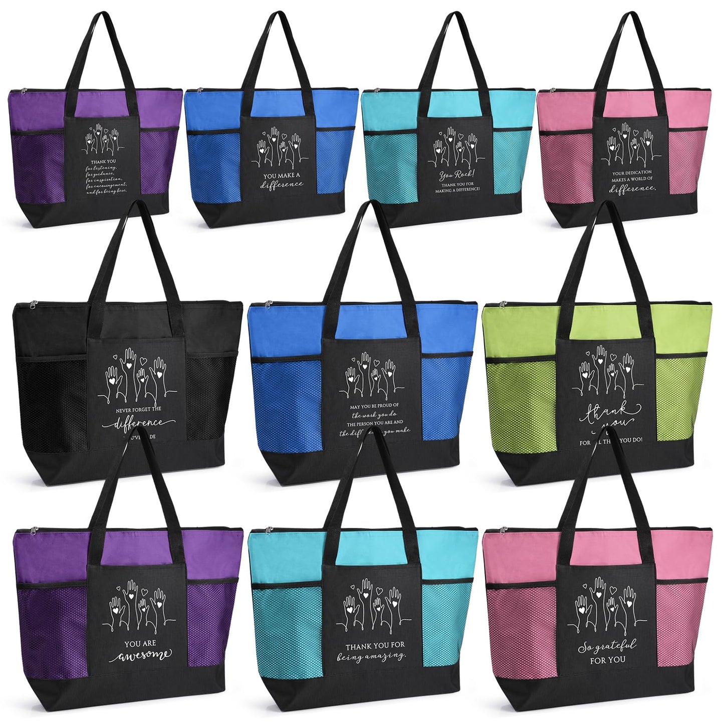 Paterr 10 Pcs Volunteer Appreciation Gifts Bulk Large Tote Bags with Zippered Mesh Pocket Inspirational Gift for Women Men(Multicolor)