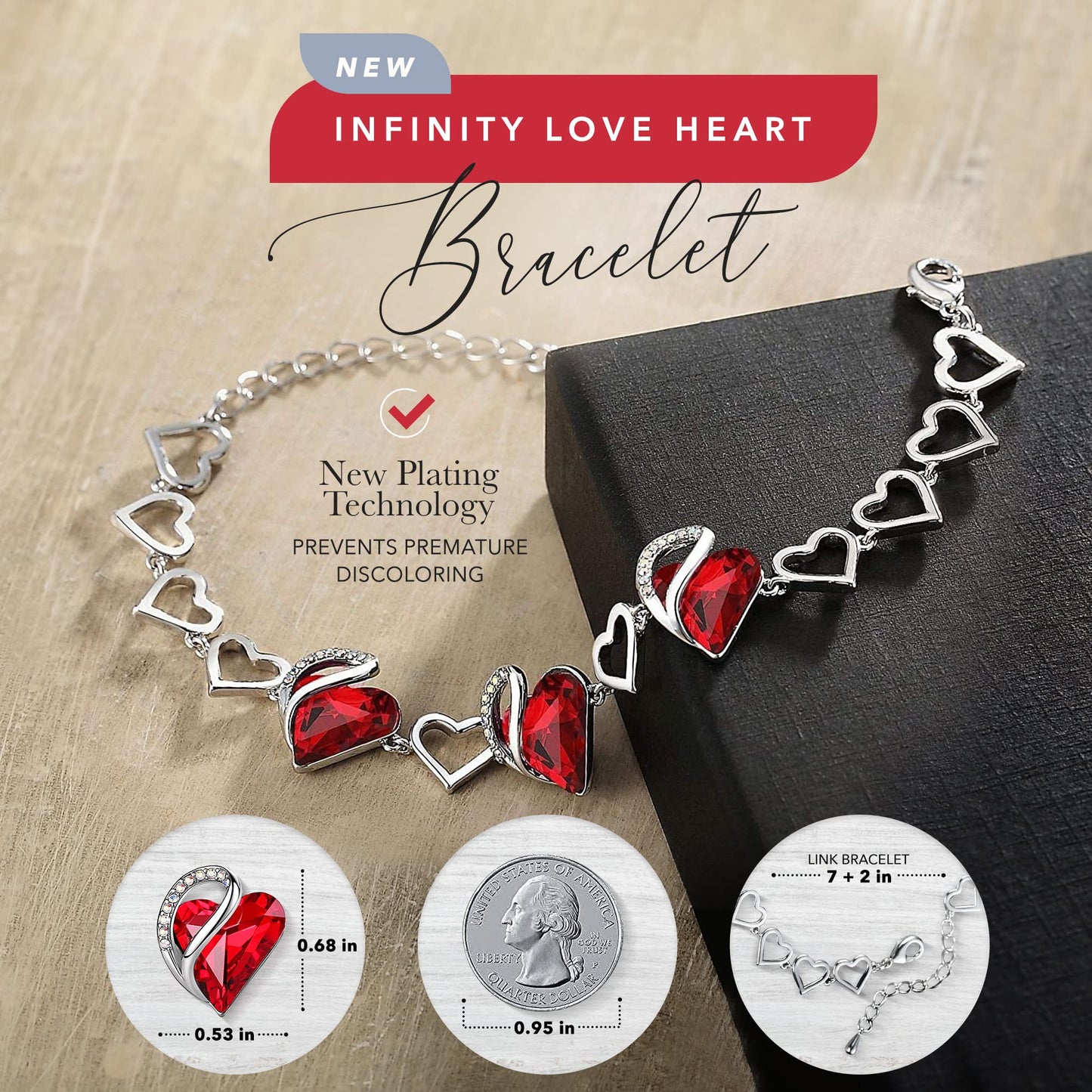 Leafael Infinity Love Heart Gift Bracelet for Women, January & July Birthstone Crystal, Siam Ruby Red, Silver Tone, 7-inch Chain and 2-inch Extender