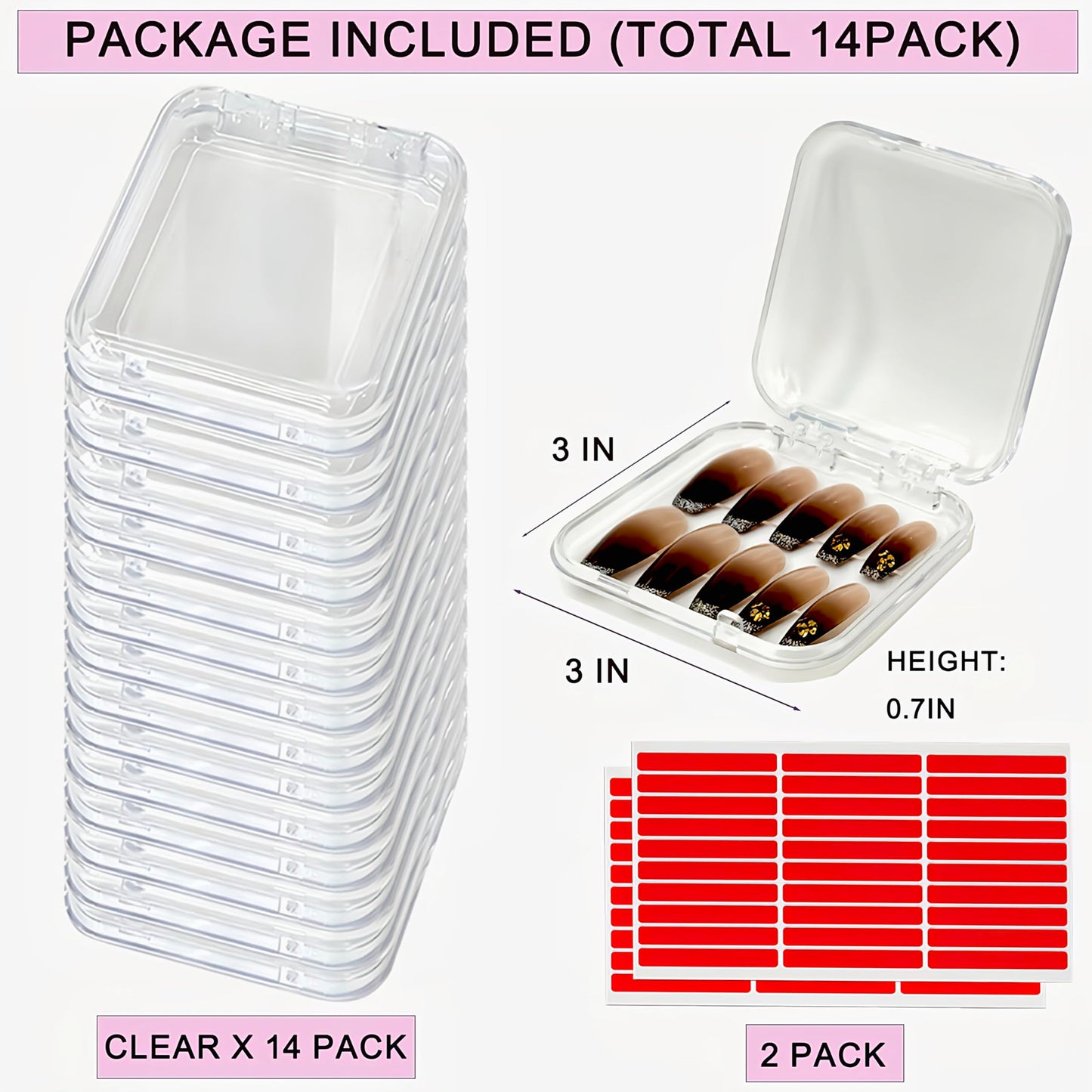 14 Pcs Press On Nail Packaging Box Press on Nail Storage Box for Press Ons with 60 Pcs Adhesive Double Sided Tape for Fake Nail Storage Case Nail Display Nail Salon Supplies Nail Art Business (Clear)