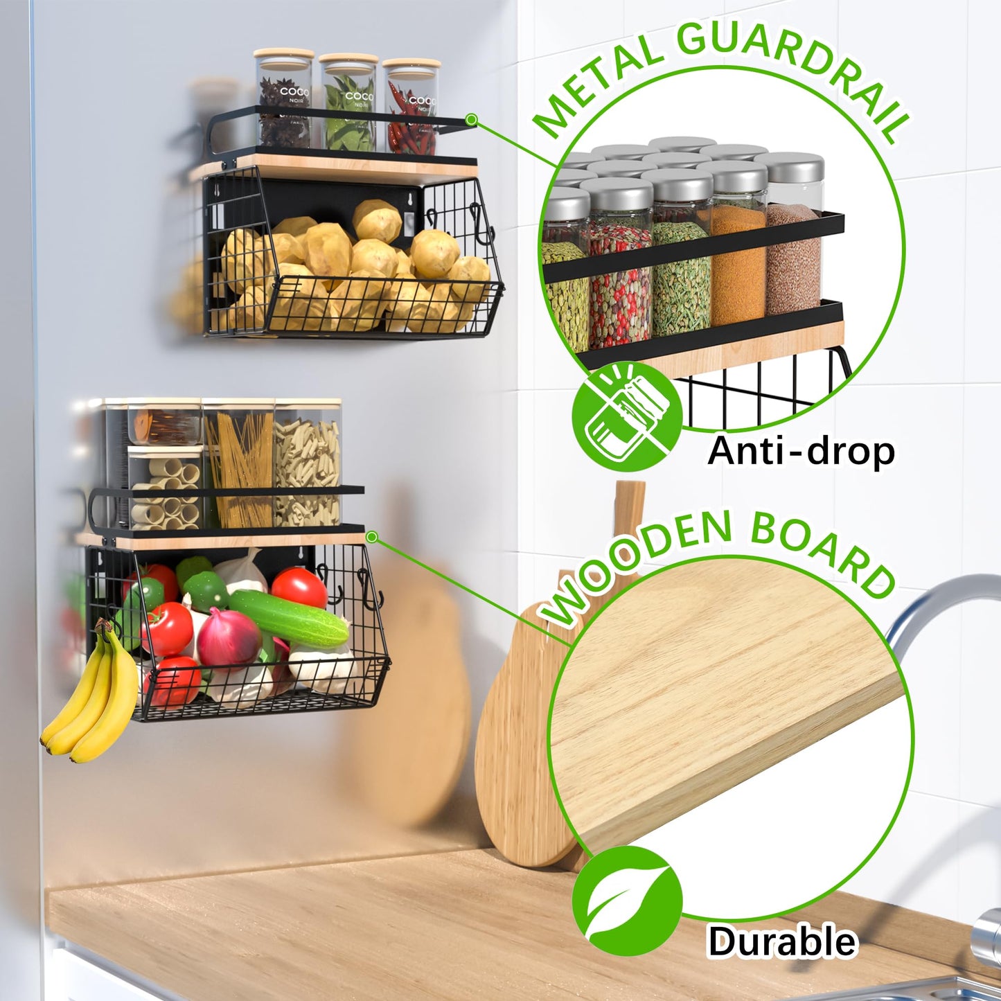 Uninol home Magnetic Shelf for Fridge with Wood Lid, Large Container Magnetic Spice Rack for Refrigerator,Fruit Potato and Onion Storage Bins, Pantry Organizers & Storage, Kitchen Counter, Cabinet