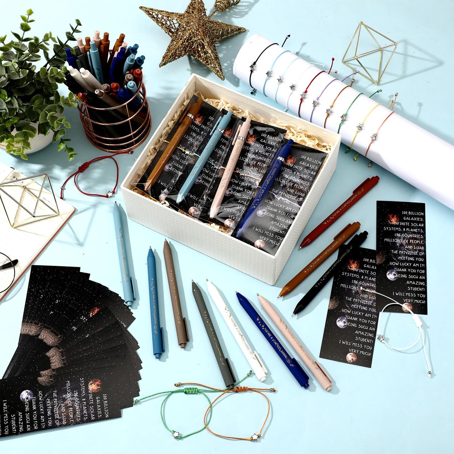 Sayglossy 20 Sets Inspirational Pens, Star Bracelets and Space Planet Bookmarks Gifts for Galaxy Students Gift Party Favors Classroom Supplies