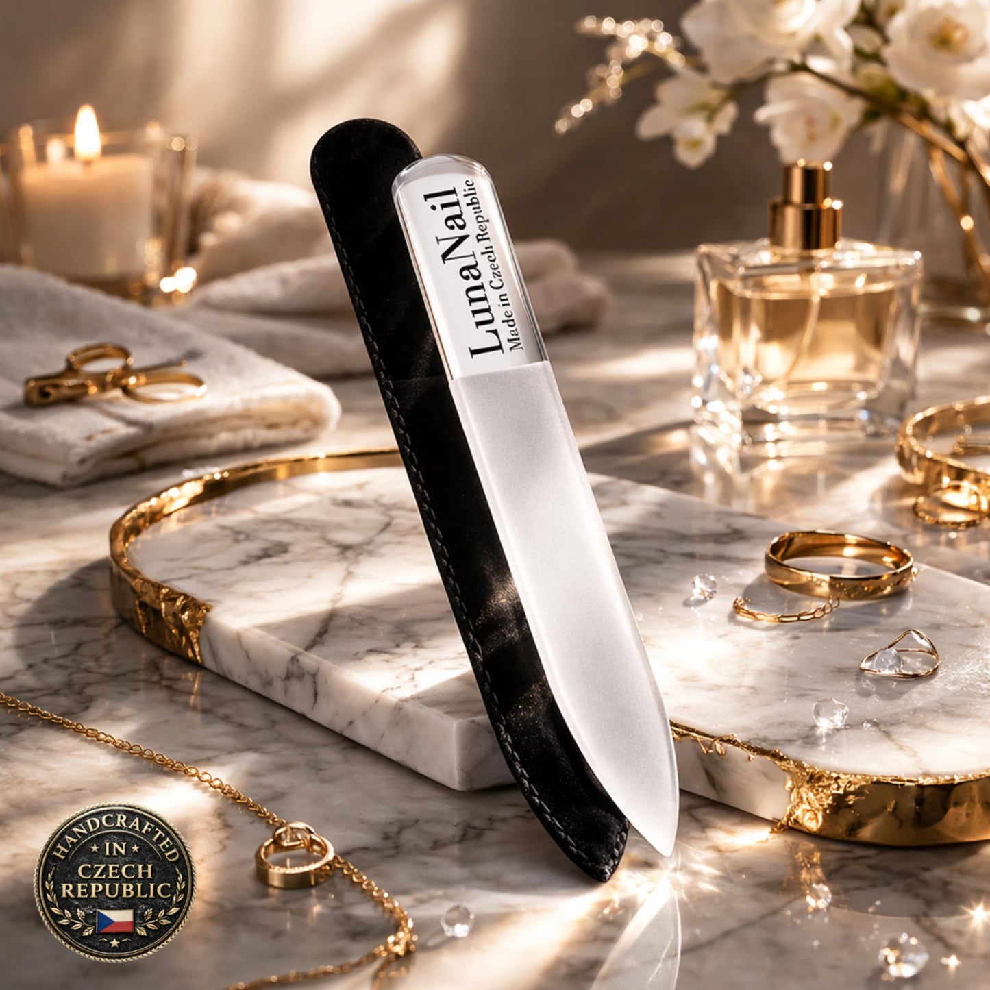 LunaNail Nano Czech Glass Nail File & Buffer 2-in-1, Velvet Case, Crystal Polisher, Mirror-Shine, Keratin-Sealing, Travel Friendly