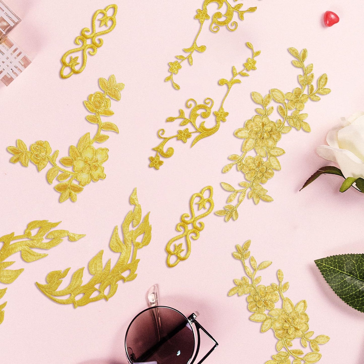 Gnognauq 12Pcs Gold Flower Iron on Patches Embroidery Applique Sewing Fabric Gold Lace Sew on Patch for Dress Jeans Clothes