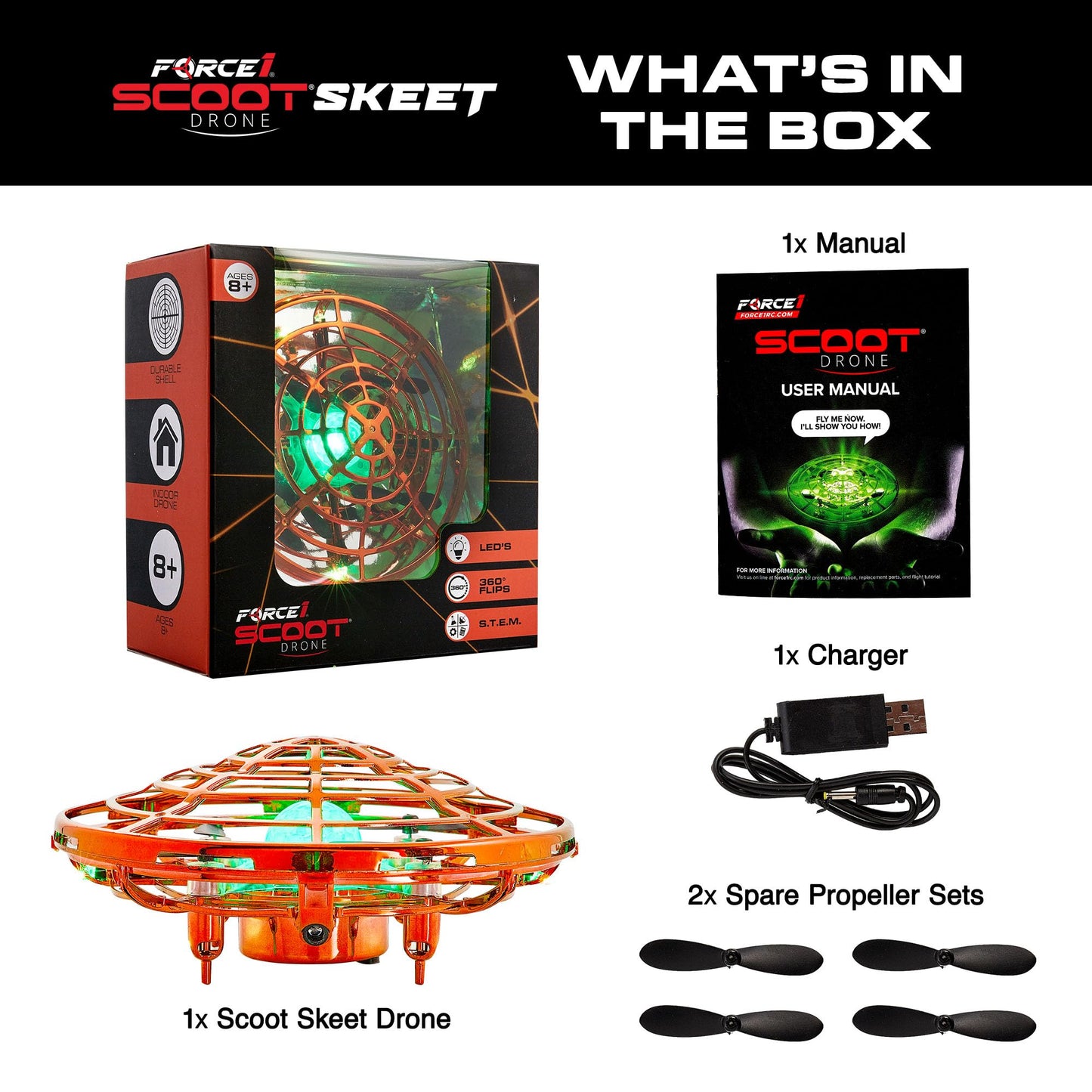 Force1 Scoot Skeet Mini Drone Electronic Shooting Game for Kids (Drone Only)- Hand Drones for Kids Compatible with Scoot Skeet LED Blaster, Electronic Target Game Indoor Flying Ball Drone Toy (Orange)