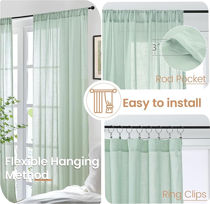 BGment Sage Green Linen Kitchen Curtains 36 Inch Length - Small Drapes Light Filtering for Cafe Bathroom Decorative Lightweight Natural Rustic Rod Pocket, 2 Panels Set, 30 X 36 Inch
