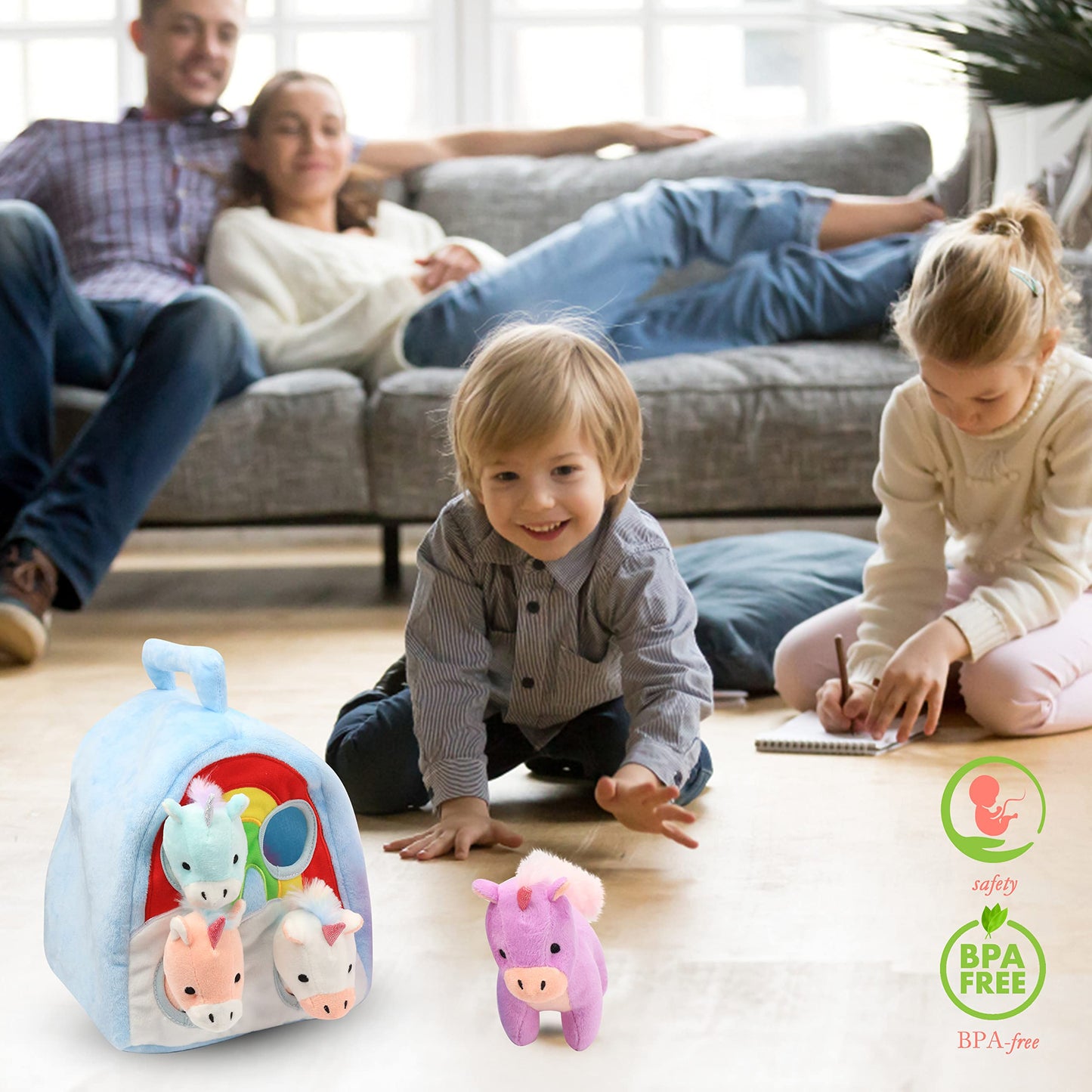 Hopearl Magic Unicorn House Interactive Plush Toy Set Fun Playhouse for Toddlers Early Learning Educational Gift for Kids Cute Pony Hide & Seek Game, 11''