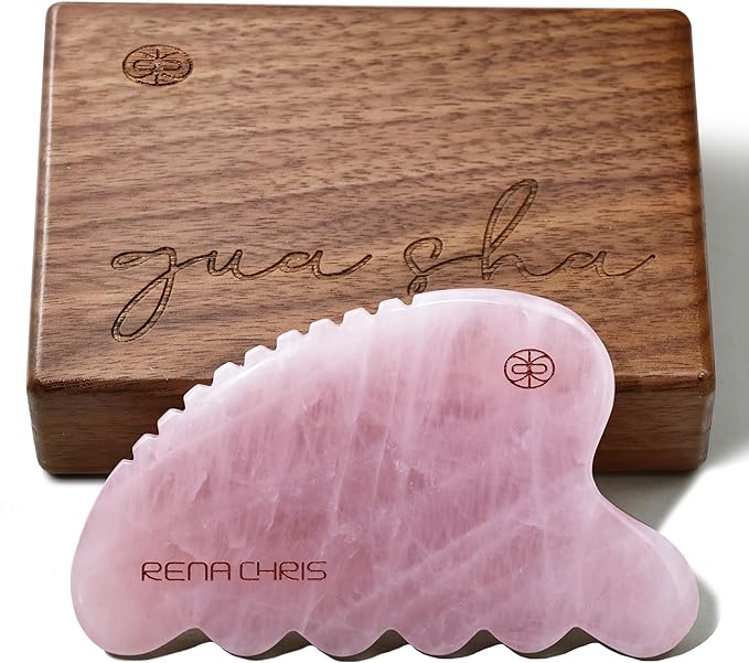 Rena Chris Gua Sha Facial Tool, Natural Rose Quartz Stone Body Gua sha with Exquisite Wooden Box, Large Guasha Suitable for Face Lifting, Puffiness Reducing and Whole-Body Massage, Skin Care Massager