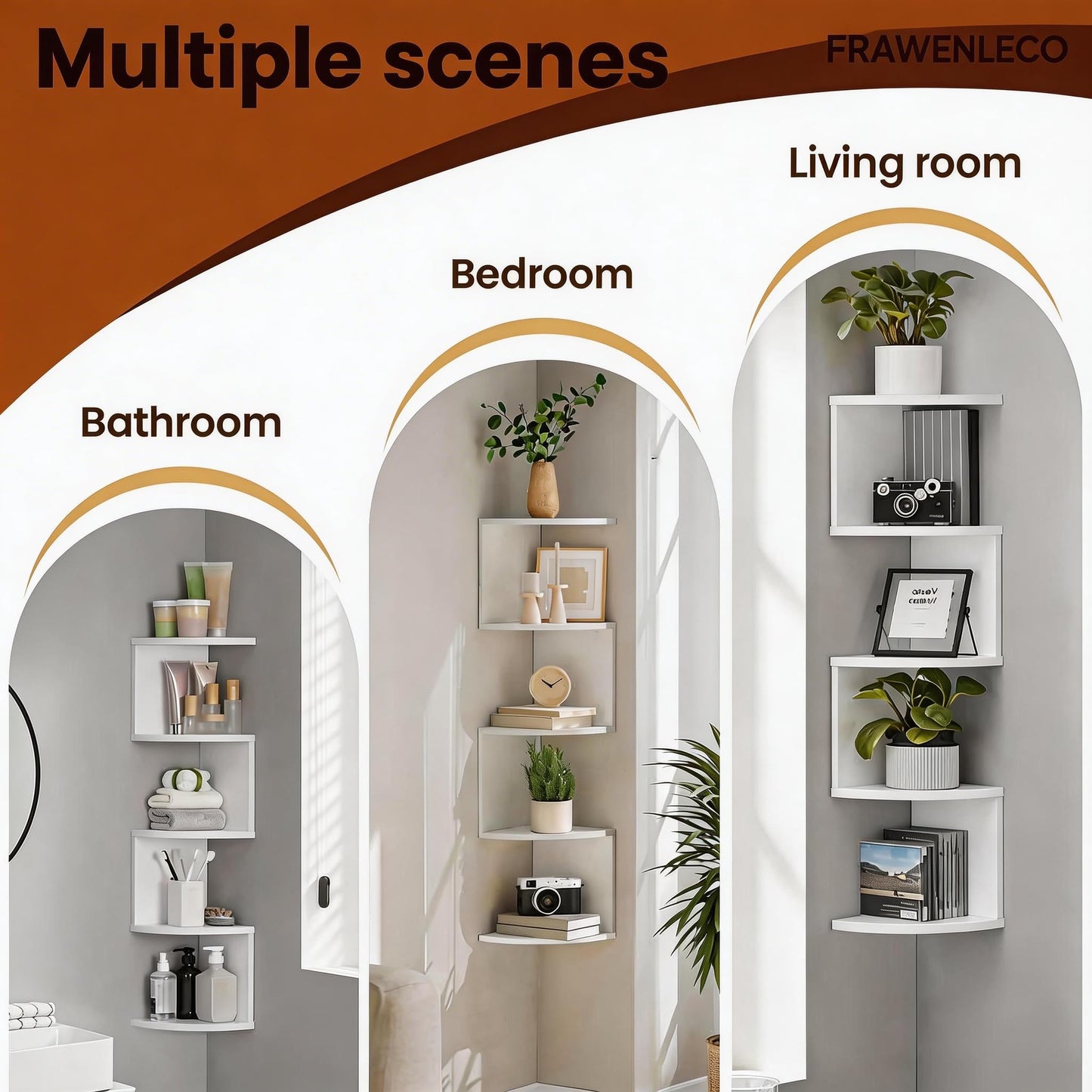 FRAWENLECO No-Drill Modern Corner Shelf Wall Mount, 5-Tier Floating Storage Rack, Corner Bookshelf with Hooks, Space-Saving Zigzag Plant Shelf for Bedroom, Living Room, Bathroom, Home Office(White)