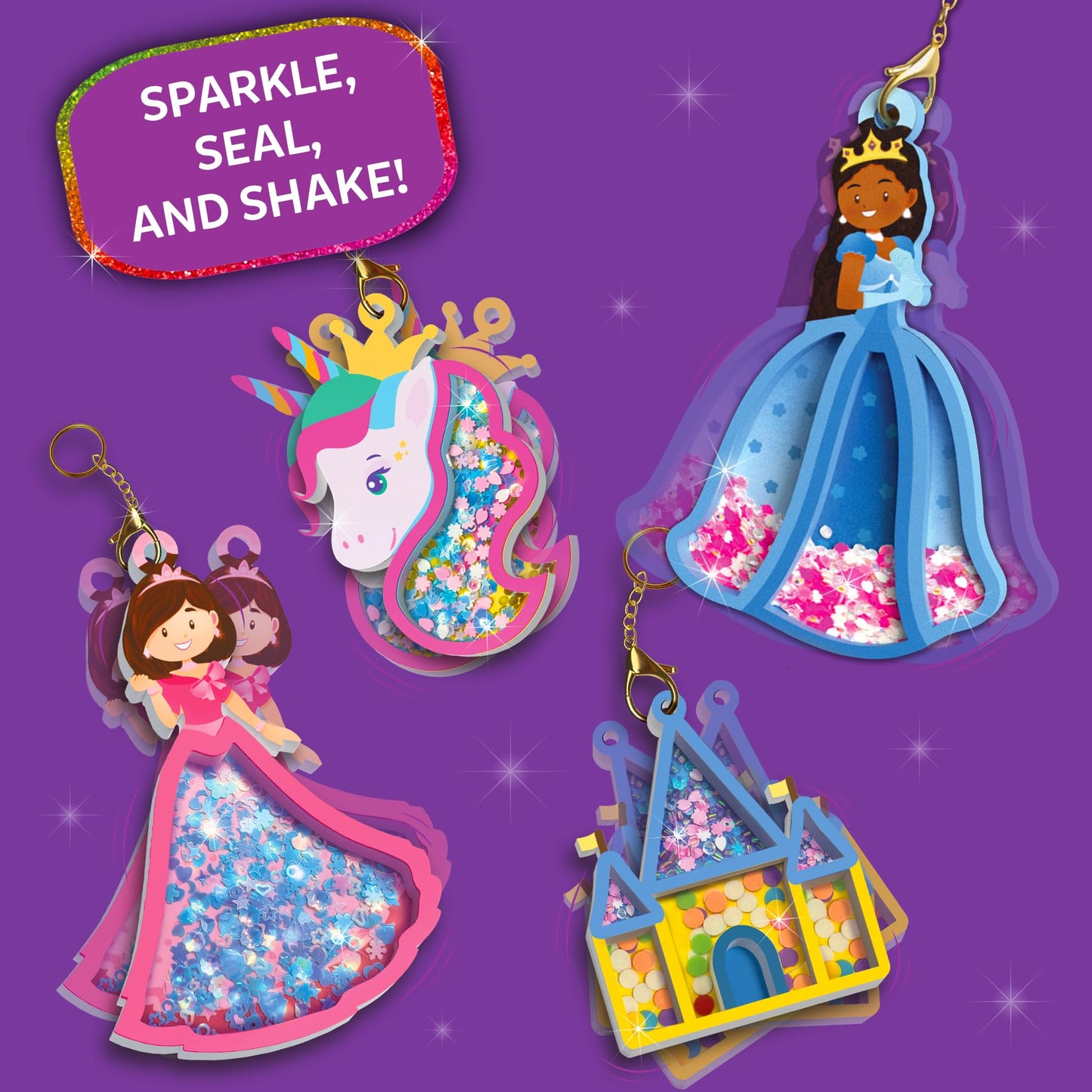 Skillmatics Shake-its – Glitter Craft Kit for Kids, DIY Arts & Crafts with Keychains, Mess-Free Activity, Unicorns & Princesses, Travel Toy, Birthday Gift for Girls & Boys Ages 4, 5, 6, 7, 8, 9