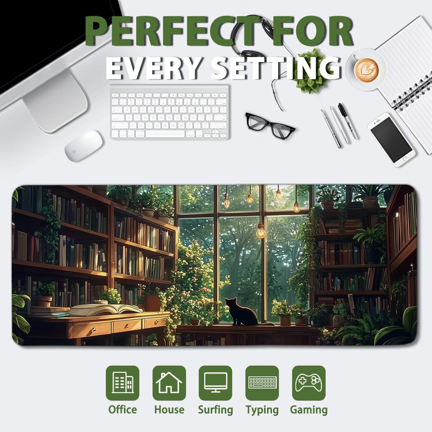 Green Plants Cat Gaming Mouse Pads Large, Full Cat Mousepad Cut, Computer Keyboard Desk Accessories Mat with Non Slip Base Stitched Edge, Gift for Cats Lovers Gift for Christmas 11.8”x 31.4”XL