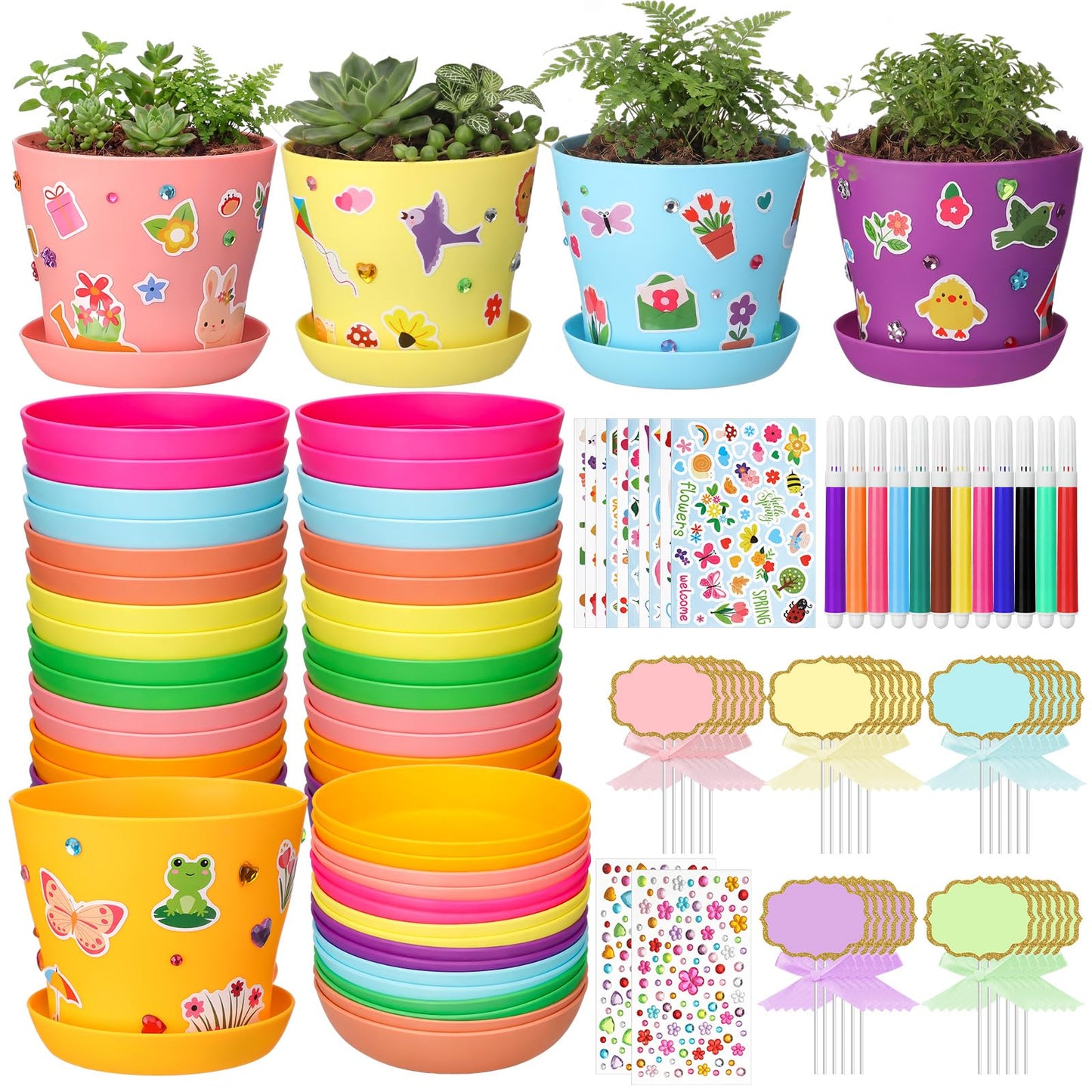 Funnymoom 48 Pcs Garden Plastic Paintable Flower Pot Craft Kit DIY Painting Flower Pots with Watercolor Stickers Pipe Cleaners Growing Kits for Home Summer Mother's Day Fun Activity (Clean)